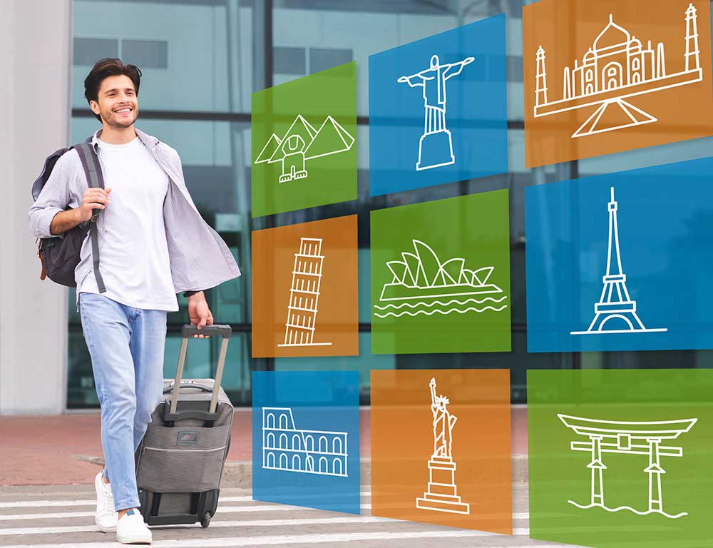 travel industry vertical displaying man walking outside an airport with travel icons